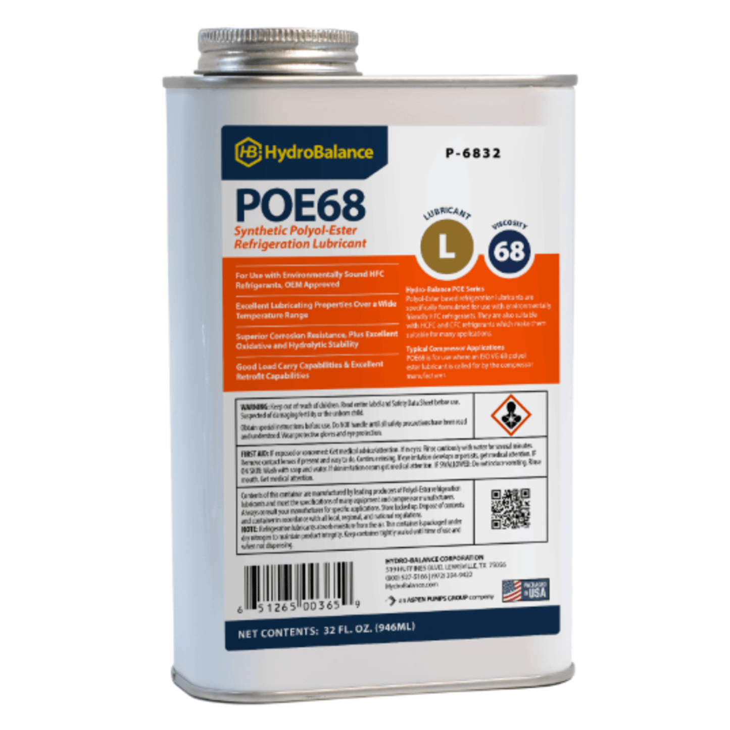 P-6832 - HydroBalance - ISO 68 Polyol Ester Ref Lube 32 fl.oz. Metal Can, (12PK)