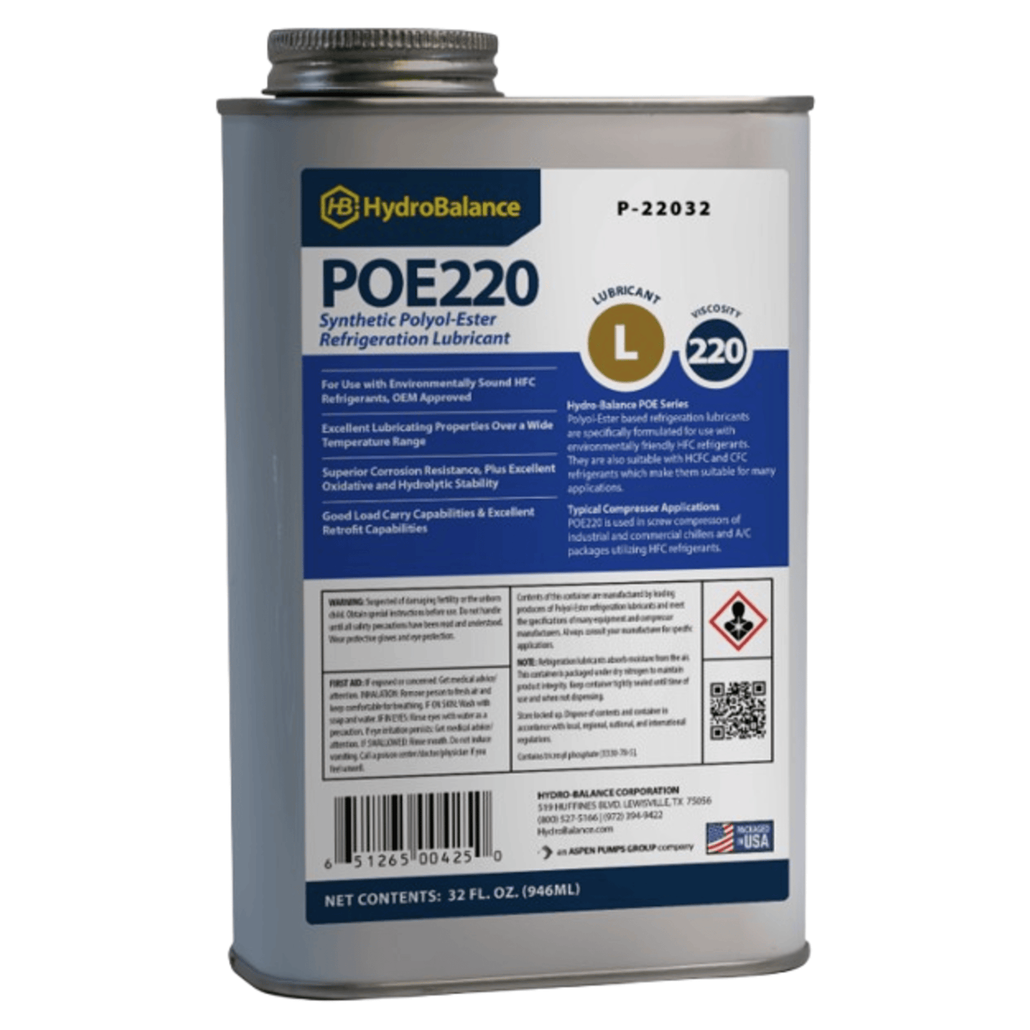P-22032 - HydroBalance - ISO 220 Polyol Ester Ref Lube 32 fl.oz. Metal Can, (12PK)