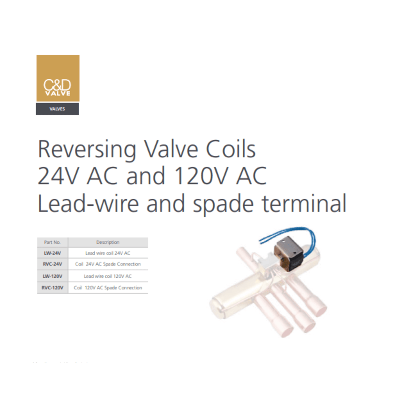 C&D Reversing Valve Coils 24V AC and 120V AC Lead-wire and spade terminal