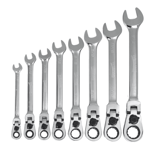 Williams WS1168RCF, 8 pc 12-Point SAE Flex-Head Reversible Ratcheting Combination Wrench