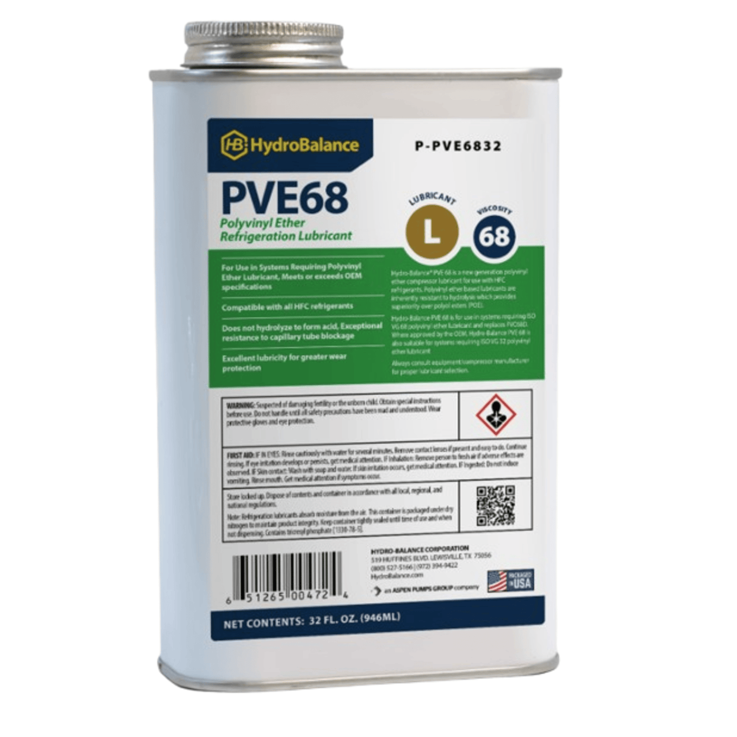 H-PVE6832  -  HydroBalance - PVE 68 Ref Lube 1 Quart Metal Can (4PK)