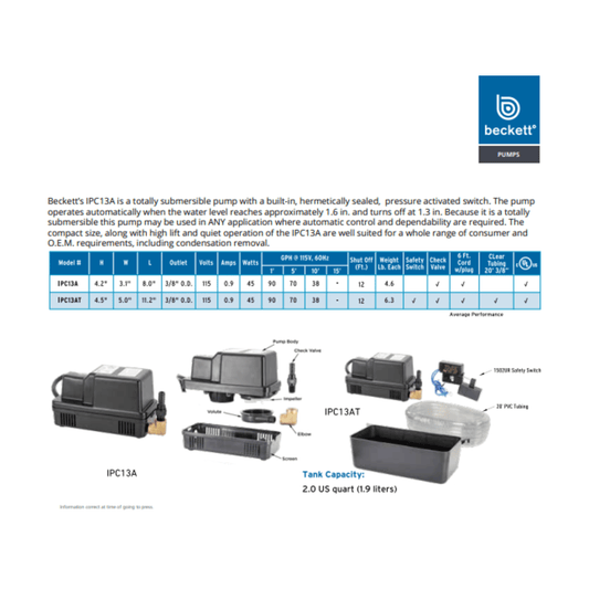 Beckett IPC13A In Pan Condensate Pump