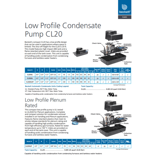 Beckett CL20 Low Profile Condensate Pump
