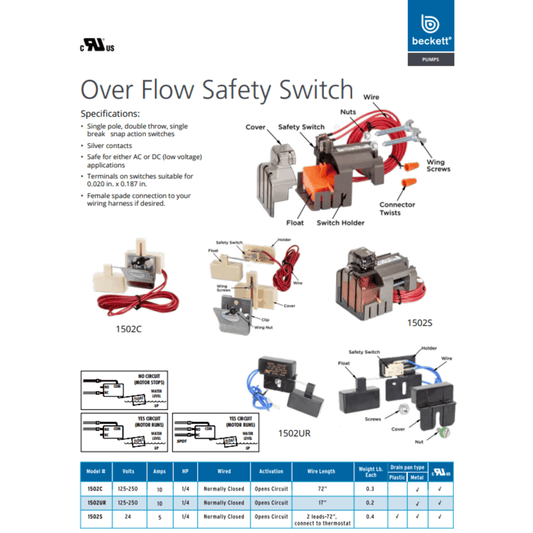 Beckett 1502 Over Flow Safety Switch